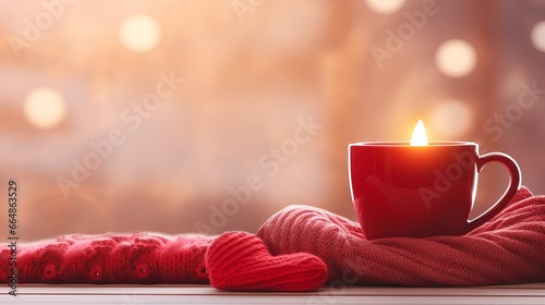 Valentine's Day Love and Candle light in a Cozy Tea and Coffee Mug, Pink and Red Heart Background