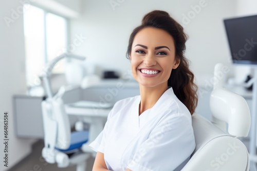 white caucasian woman happy in a dentist professional studio