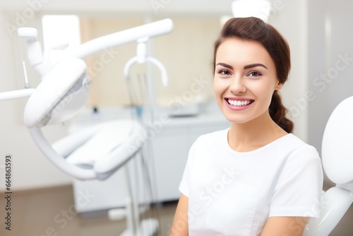 white caucasian woman happy in a dentist professional studio