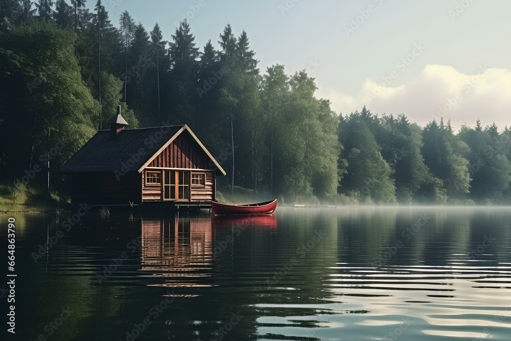 Fototapeta premium Vintage Wooden Boathouse on a Calm Lake. generative AI