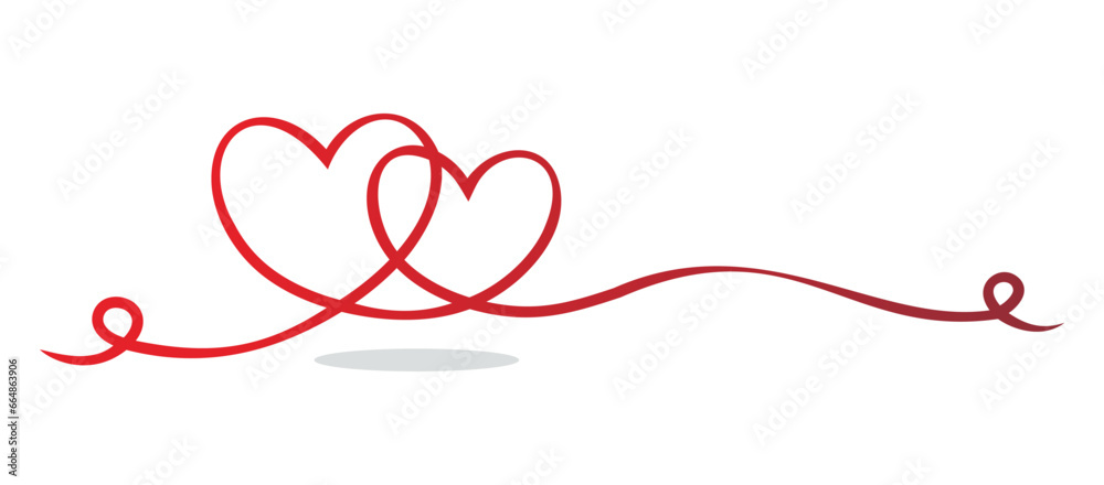 One line drawing of two linked hearts with copy space. Artistic two red hearts icon with negative space. Hand drawing hearts.