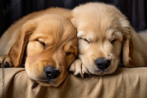two golden retriever puppies sleeping side by side © Alfazet Chronicles