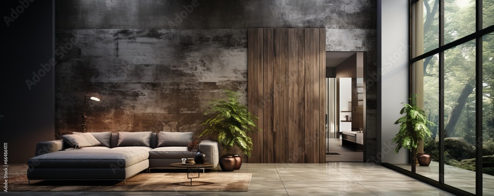 In this modern minimalist living room with a large old wooden door, doors with architrave, and stains on the door, there is a minimalist style and futuristic interior design.