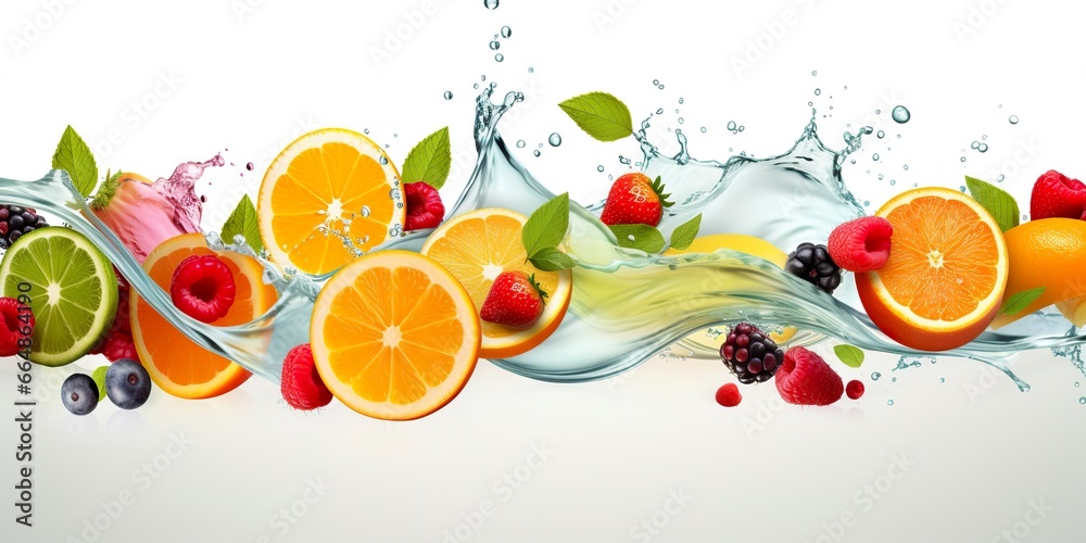 Swirl water splash with fruits. liquid flow with ice cubes and a mix of fresh fruits. - obrazy, fototapety, plakaty 