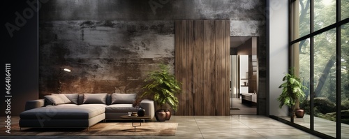 In this modern minimalist living room with a large old wooden door, doors with architrave, and stains on the door, there is a minimalist style and futuristic interior design. © ND STOCK