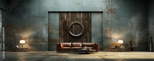 In this modern minimalist living room with a large old wooden door, doors with architrave, and stains on the door, there is a minimalist style and futuristic interior design.