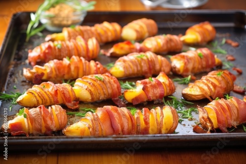 arranging bacon-wrapped potato wedges on a baking tray