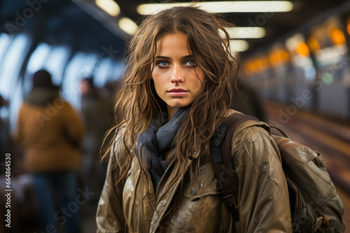Young woman waiting frustratedly on empty rural train platform.