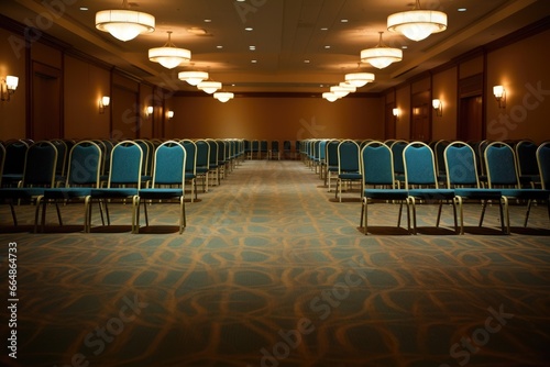 rows of empty ballroom dance chairs under spotlight