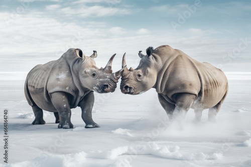 Two Rhinoceros getting ready for fight on Ice. © MdImam