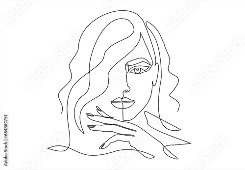 One line face. Continuous linear sketch woman face. Female portrait black white artwork outline vector hand drawn illustration. Modern art girl head for beauty salon logo