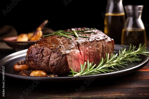 beef roast on a dark rustic plate with garlic cloves and rosemary sprigs