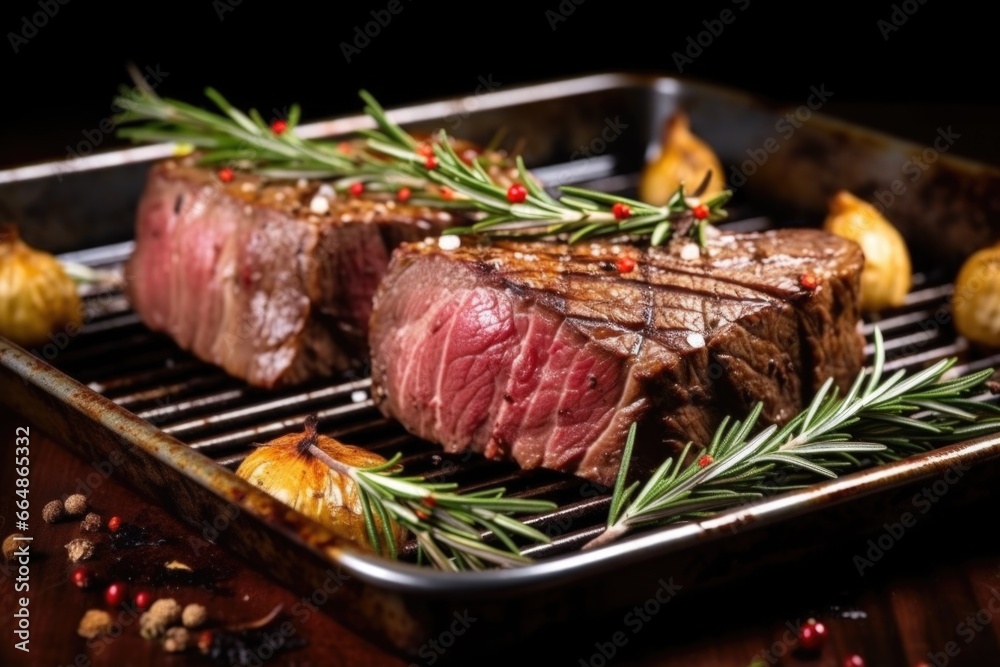 juicy beef roast with roasted garlic cloves and rosemary twigs on a metal tray