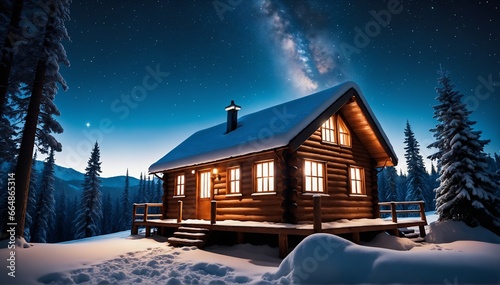 A cozy cabin nestled in a snow covered forest, surrounded by tall pine trees, with a starry night sky above,