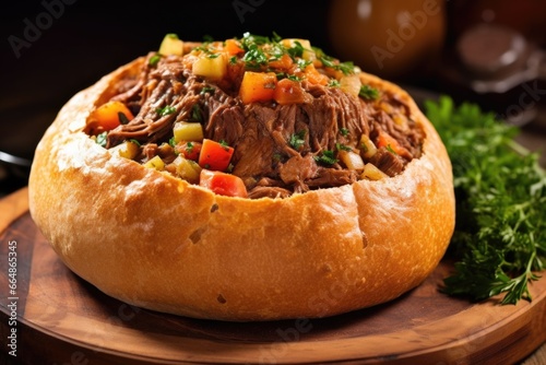 ladling beef stew into a bread bowl