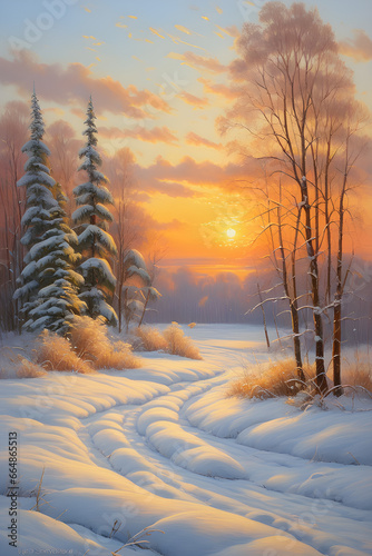 Snow-covered spruce trees and fields at sunset. Oil painting of a snow covered field at sunset. New Year illustration.