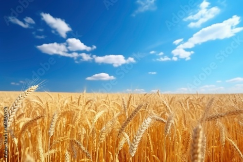 Wheat field under blue sky.