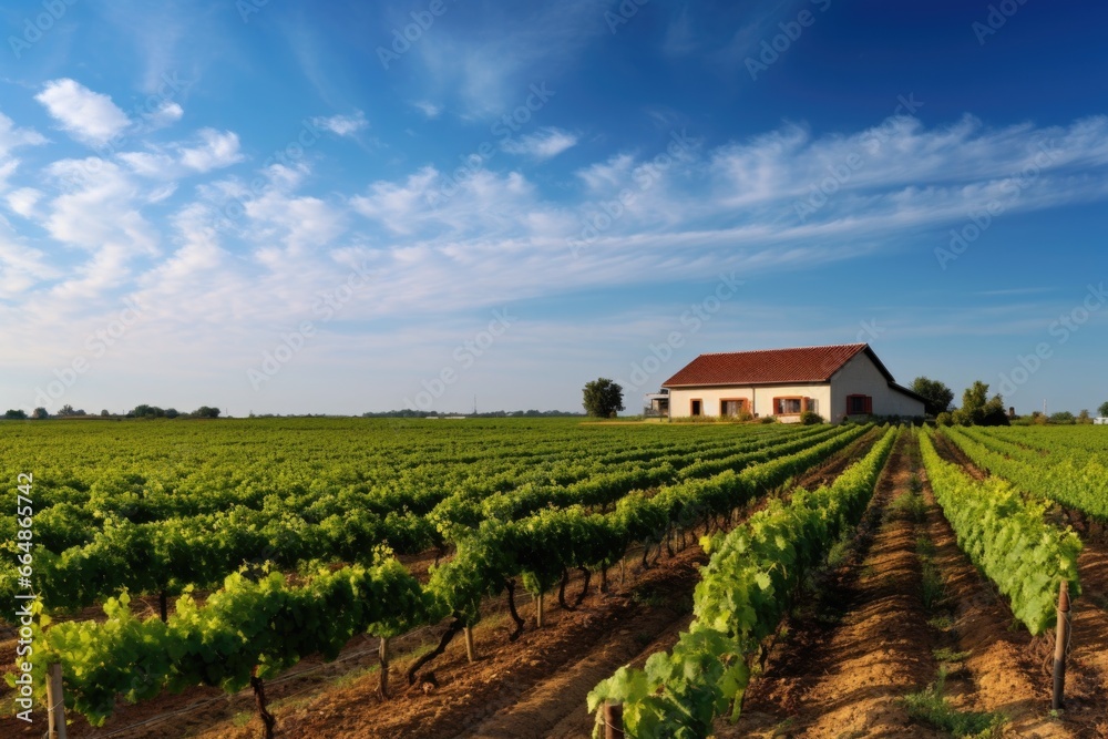wide angle view of a farmhouse amidst vineyards