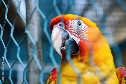 close-up shot of a colorful parrot in a cage