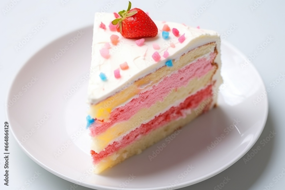 close-up of a slice of birthday cake on a white plate