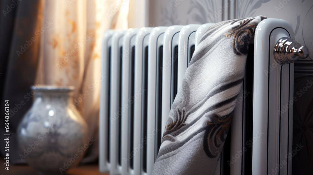 Central heating system. Home radiator close-up. Warm plaid hanging on the battery closeup. Central heating system. Home radiator close-up. Warm plaid hanging on the battery closeup.