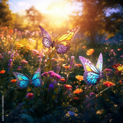 A vibrant array of multi-colored butterflies in a sunlit meadow, their intricate patterns and details captured in