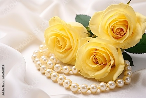 Yellow roses bouquet and pearls in white background.