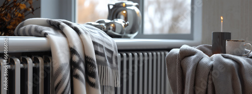 Modern radiator under window at home. Central heating system. Warm scarf hanging on the battery