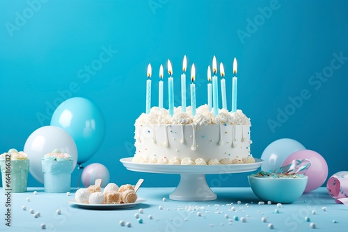 Birthday cake with candles and sweets on white table near blue wall.
