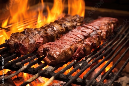 churrasco meats being grilled over charcoal flames