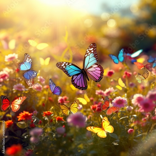 A vibrant array of multi-colored butterflies in a sunlit meadow, their intricate patterns and details captured in © jannat