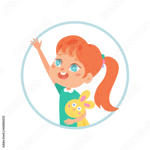 Avatar of smiling and greeting girl. Child face character icon. Colorful cartoon funny flat vector illustration isolated on white background. Redhead kid with ponytail greets her friends