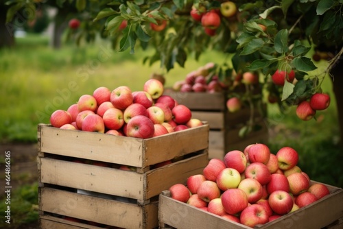 freshly picked apples in wooden crates
