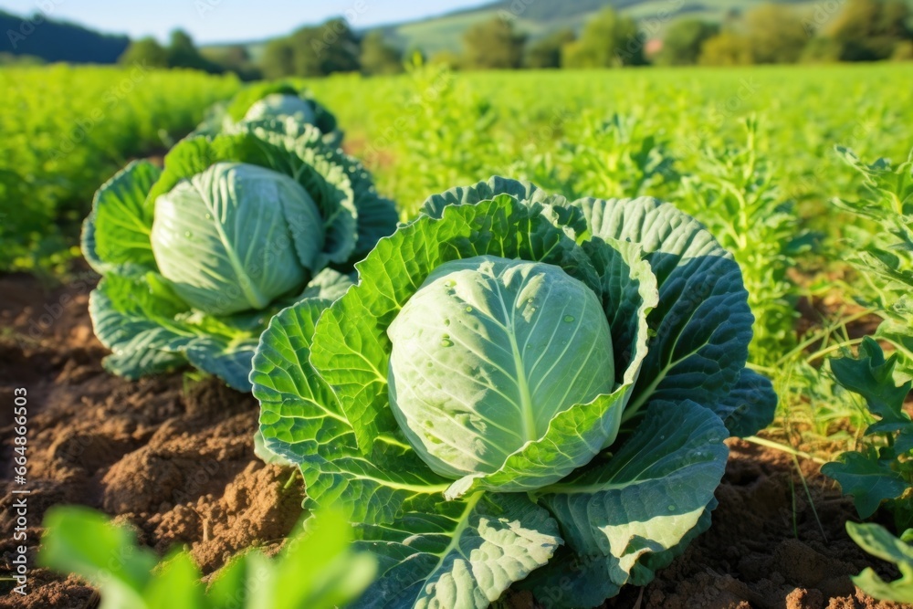 a portrait of healthy, wide open cabbage heads in a field a portrait of healthy, wide open cabbage heads in a field