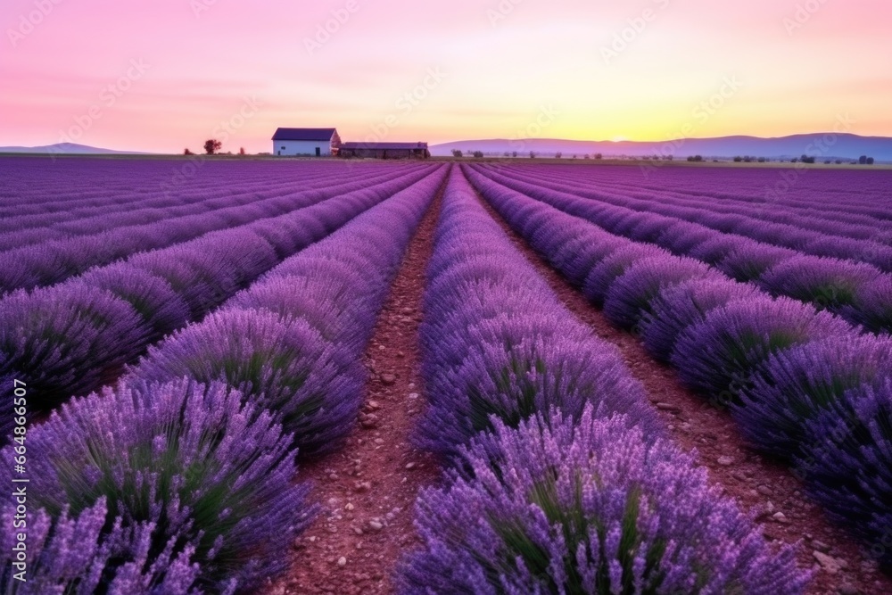 Obraz premium a wide shot of lavender fields at sunrise