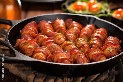 serving a sizzling sausage link wrapped in bacon from a skillet