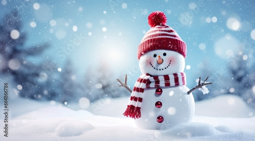 Happy snowman in the winter scenery. © MdImam