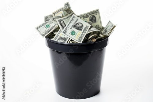 Money dustbin isolated on white. Office paper finance container basket. Generate Ai