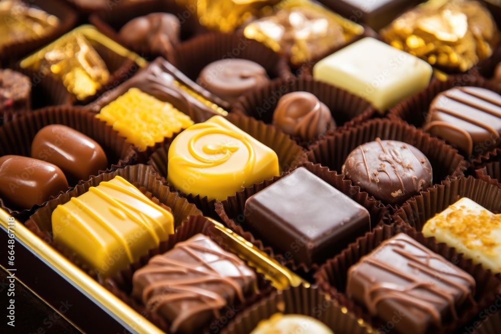a mix of swiss praline chocolates in a golden box
