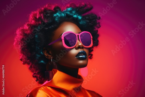 High fashion studio portrait of young african american woman with sunglasses, beautiful makeup, bright neon colors