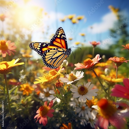 A vibrant monarch butterfly perched on a blooming wildflower, captured in full ultra HD. © jannat
