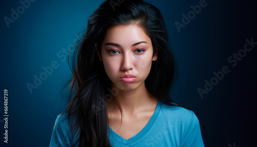 Close-up studio photograph with plain blue background, of an Asian woman, , very bored face, relaxed, with a sigh of disinterest and lack of enthusiasm, wearing a blue t-shirt.