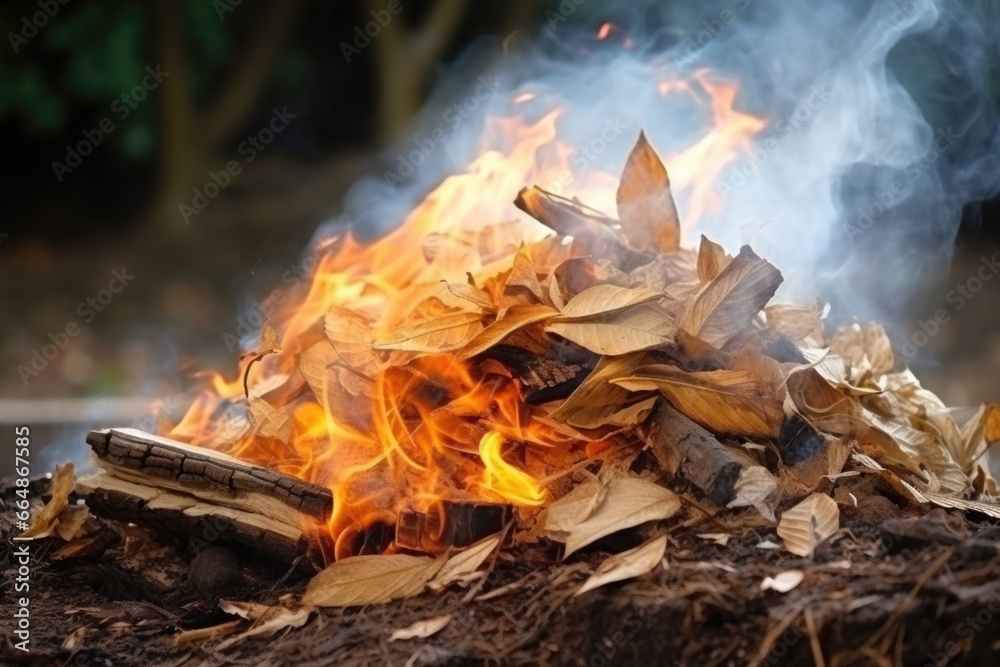 close-up of burning dry leaves, thick smoke close-up of burning dry leaves, thick smoke