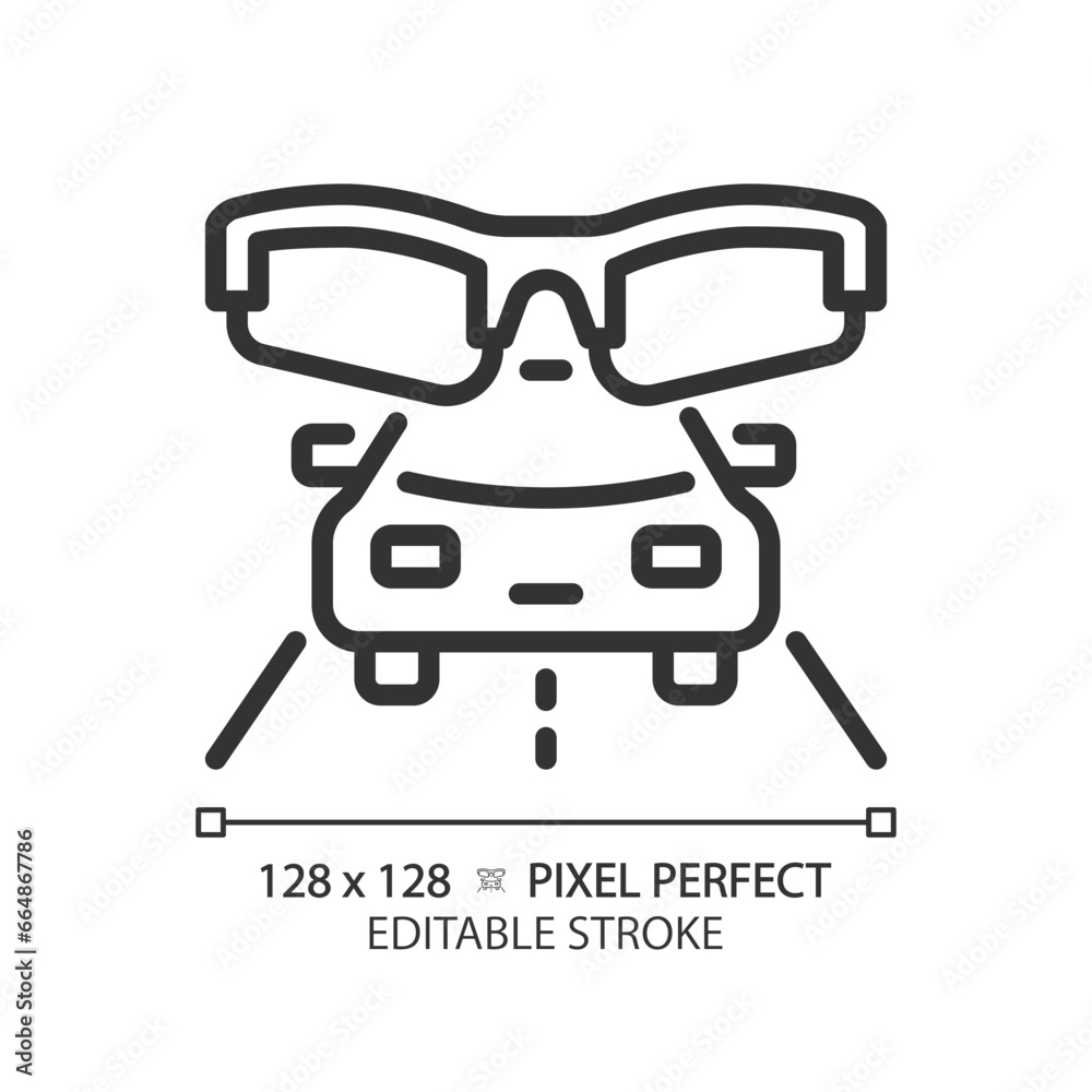 2D pixel perfect editable black car and eyeglasses icon, isolated simple vector, thin line illustration representing eye care. 2D pixel perfect editable black car and eyeglasses icon, isolated simple vector, thin line illustration representing eye care.