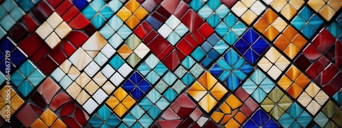 Nahaufnahme eines farbenfrohen  handgefertigten Mosaikfliesens mit kunstvollen Mustern