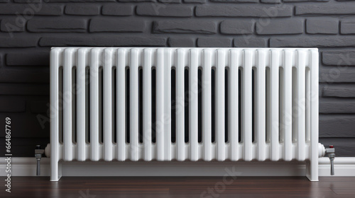 Home heating radiator close-up. Modern central heating battery with energy efficiency tech.