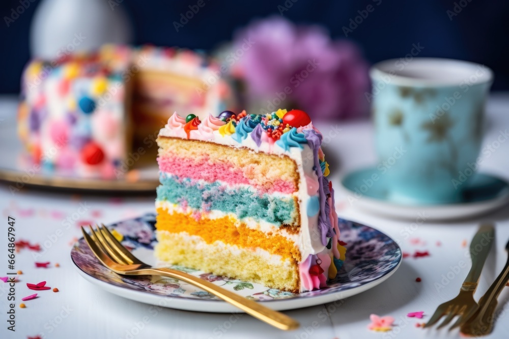 a slice of colorful birthday cake on a plate a slice of colorful birthday cake on a plate