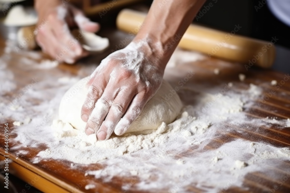hand using a rolling pin on dough for bao buns on a flour dusted surface