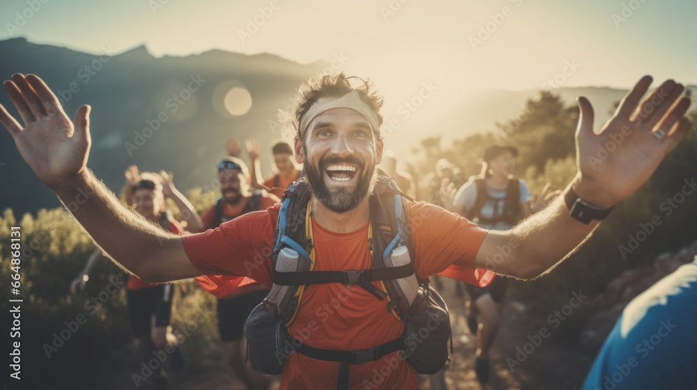 Athletes conquer the wild in grueling ultramarathon trail races. - obrazy, fototapety, plakaty 