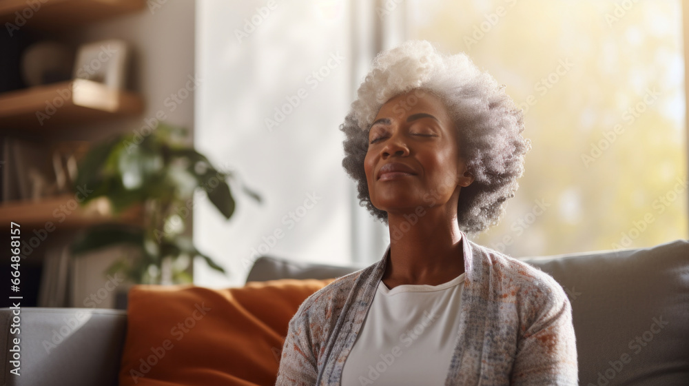 Mature senior woman practice guided meditation for mental health problems and peace Mature senior woman practice guided meditation for mental health problems and peace